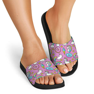 Pink Girly Unicorn Donut Pattern Print Black Slide Sandals