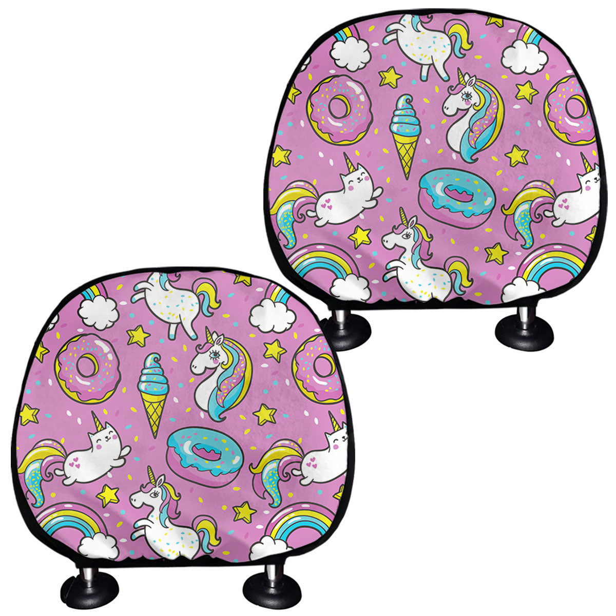 Pink Girly Unicorn Donut Pattern Print Car Headrest Covers