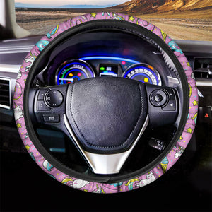 Pink Girly Unicorn Donut Pattern Print Car Steering Wheel Cover