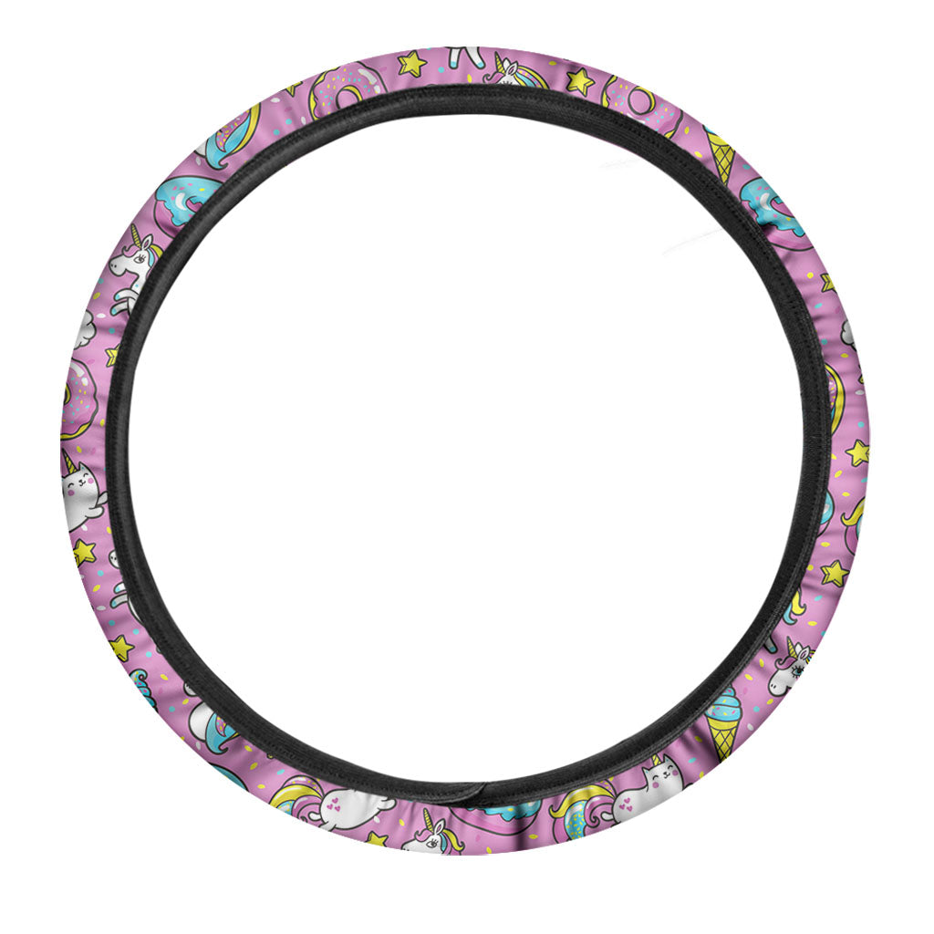 Pink Girly Unicorn Donut Pattern Print Car Steering Wheel Cover