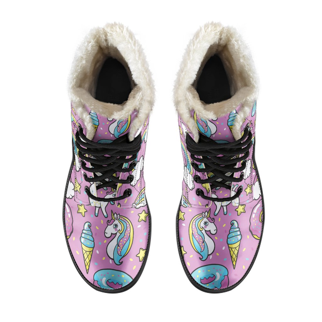 Pink Girly Unicorn Donut Pattern Print Comfy Boots GearFrost