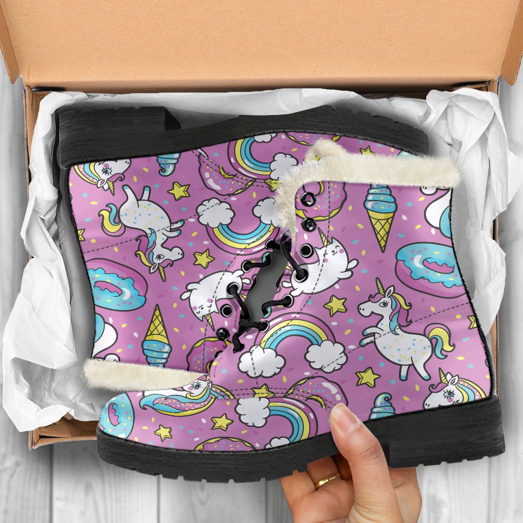 Pink Girly Unicorn Donut Pattern Print Comfy Boots GearFrost