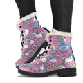 Pink Girly Unicorn Donut Pattern Print Faux Fur Leather Boots