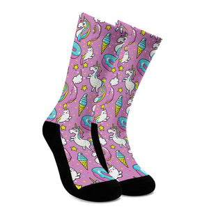 Pink Girly Unicorn Donut Pattern Print Crew Socks