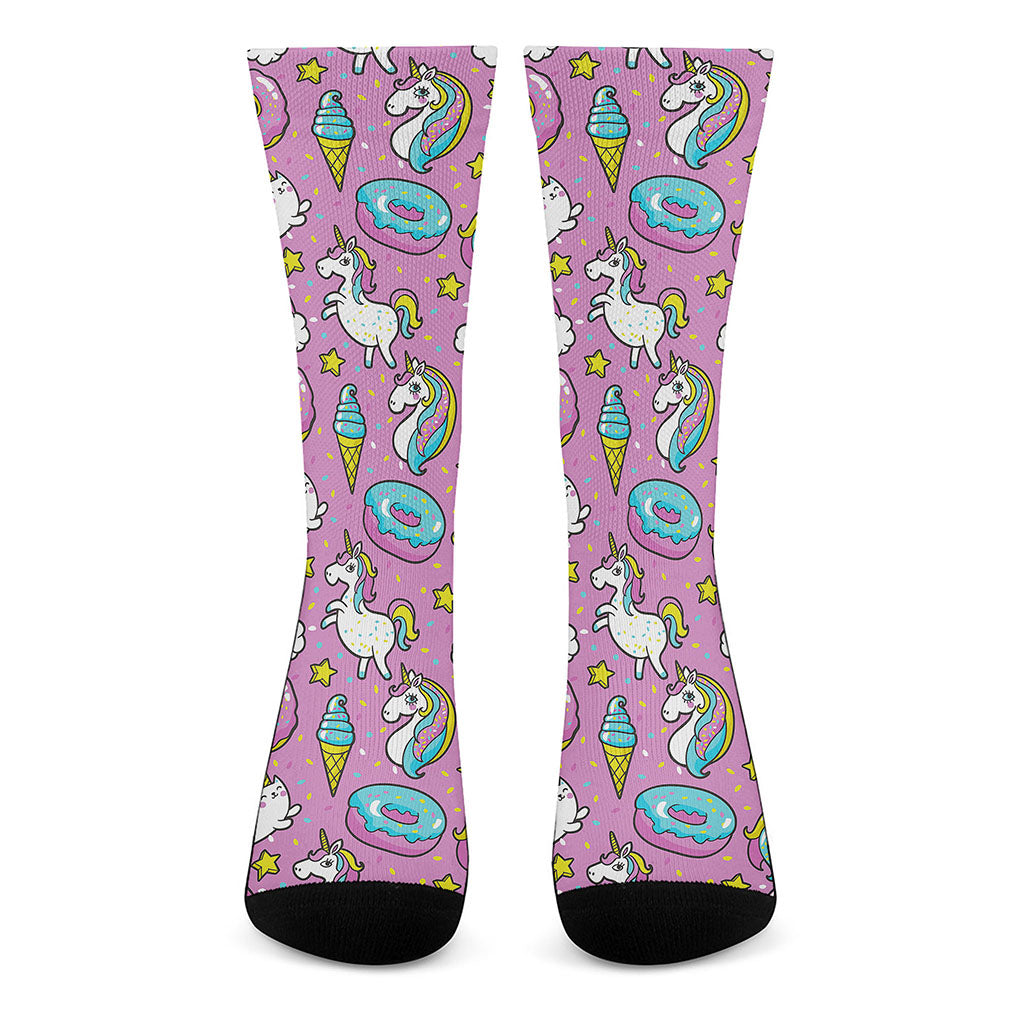 Pink Girly Unicorn Donut Pattern Print Crew Socks