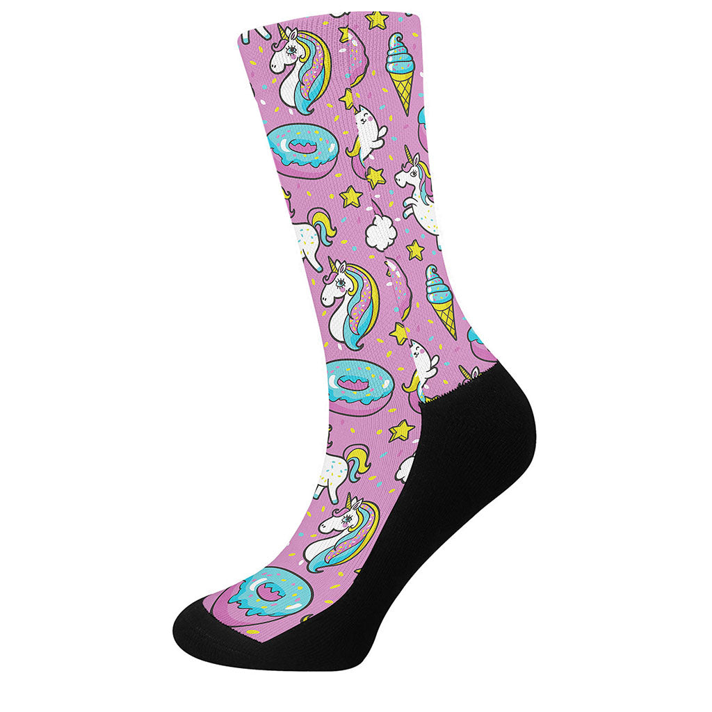 Pink Girly Unicorn Donut Pattern Print Crew Socks