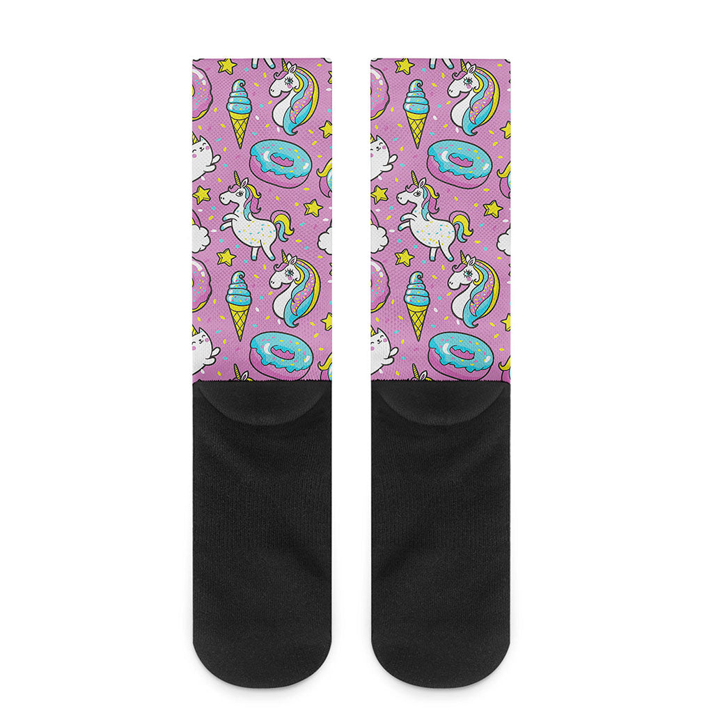 Pink Girly Unicorn Donut Pattern Print Crew Socks