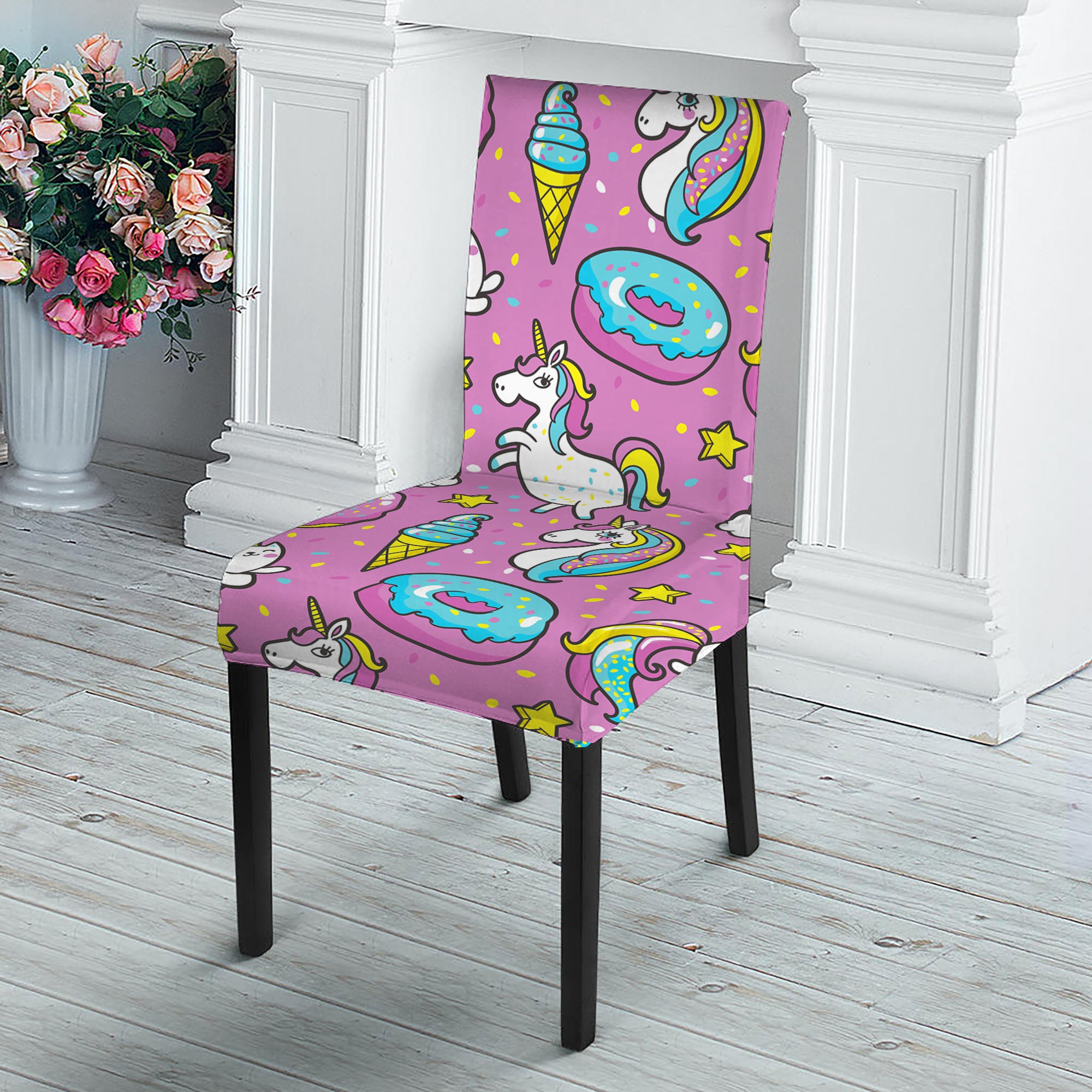 Pink Girly Unicorn Donut Pattern Print Dining Chair Slipcover