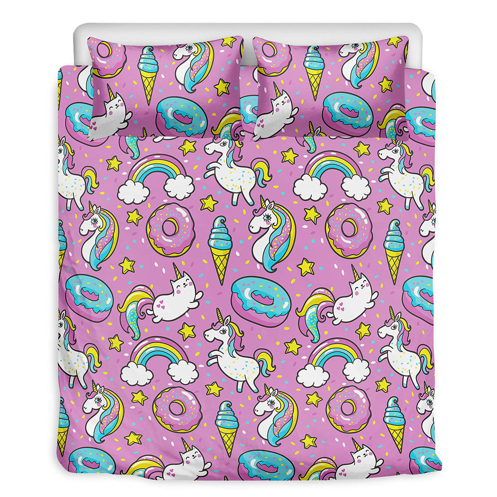Pink Girly Unicorn Donut Pattern Print Duvet Cover Bedding Set