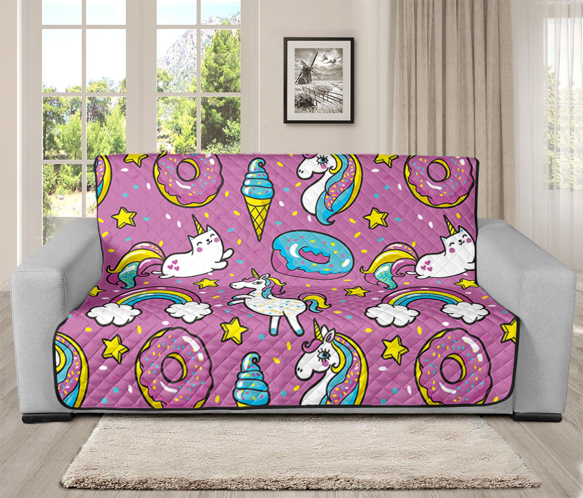 Pink Girly Unicorn Donut Pattern Print Futon Protector