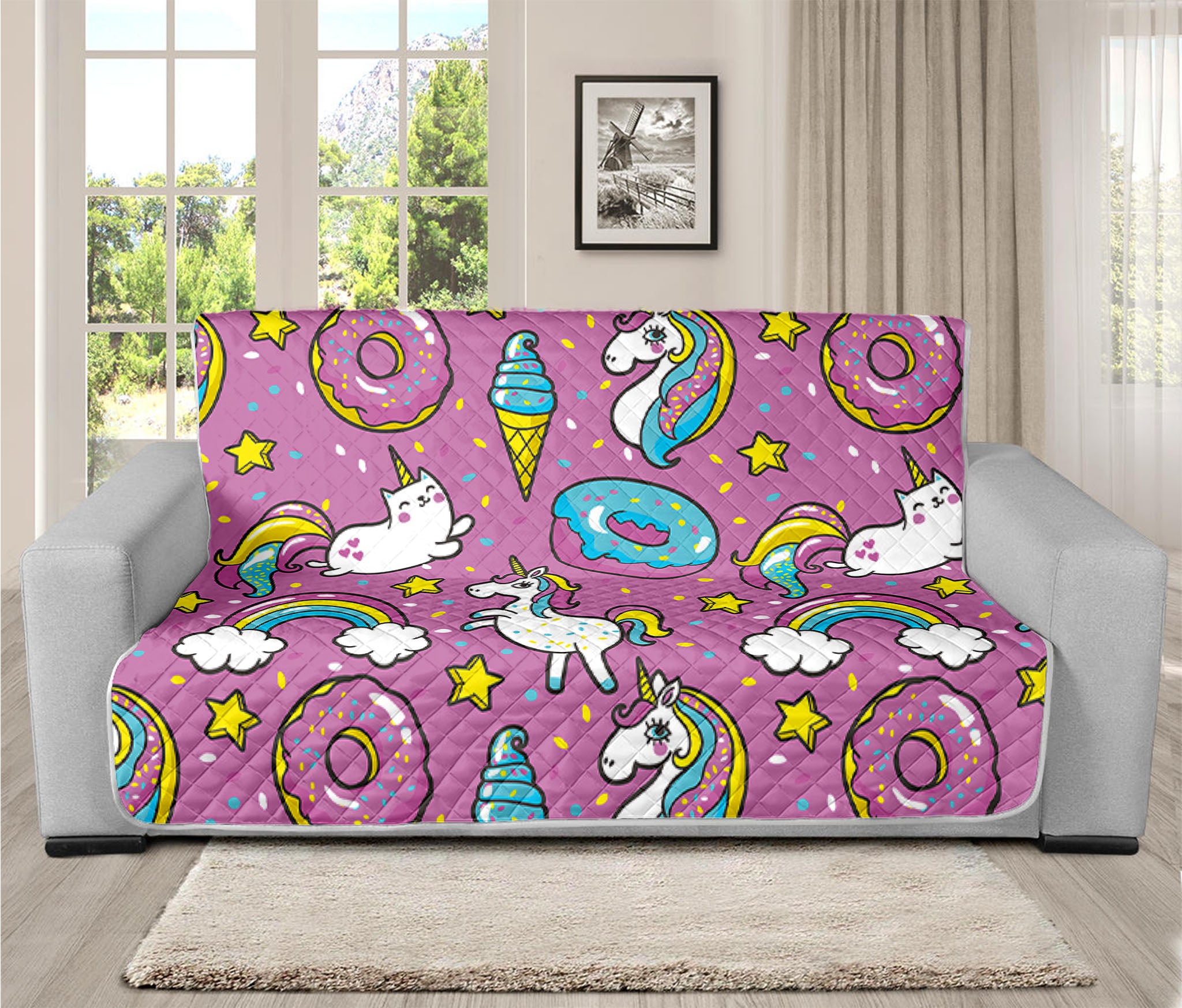 Pink Girly Unicorn Donut Pattern Print Futon Protector