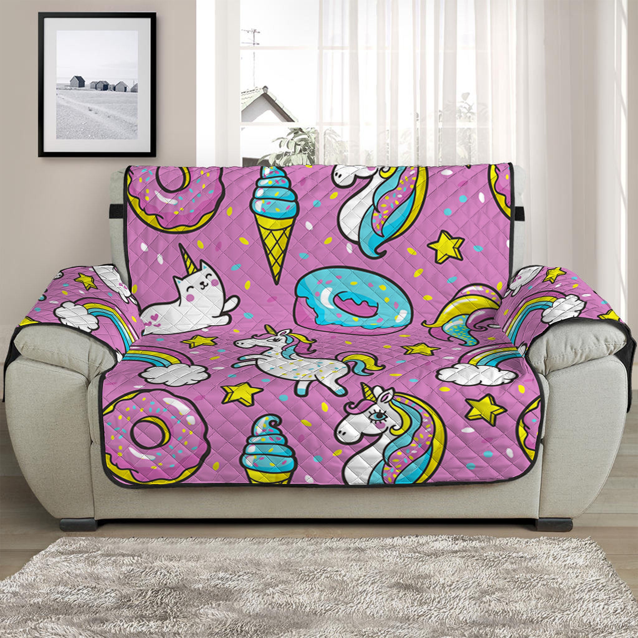 Pink Girly Unicorn Donut Pattern Print Half Sofa Protector