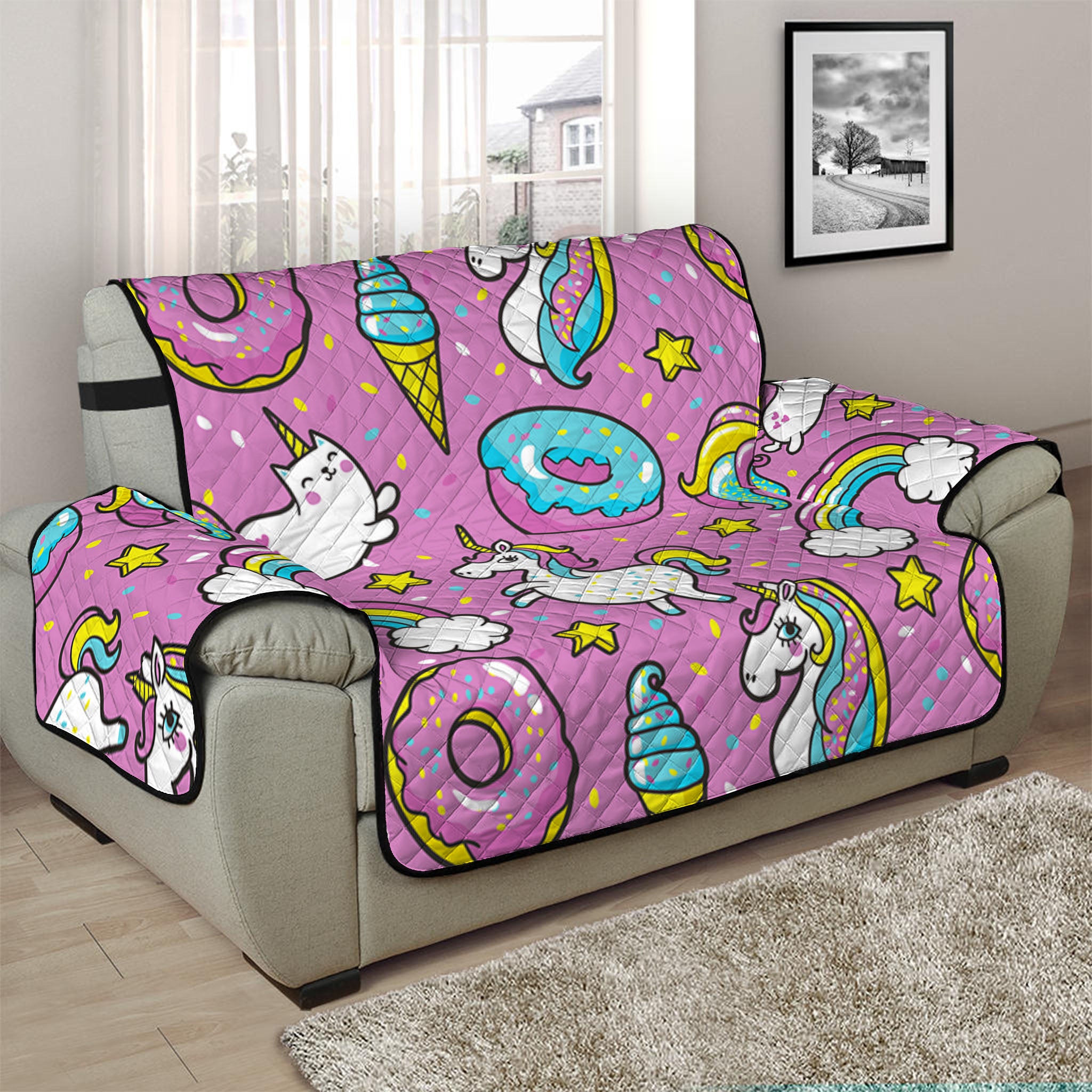 Pink Girly Unicorn Donut Pattern Print Half Sofa Protector