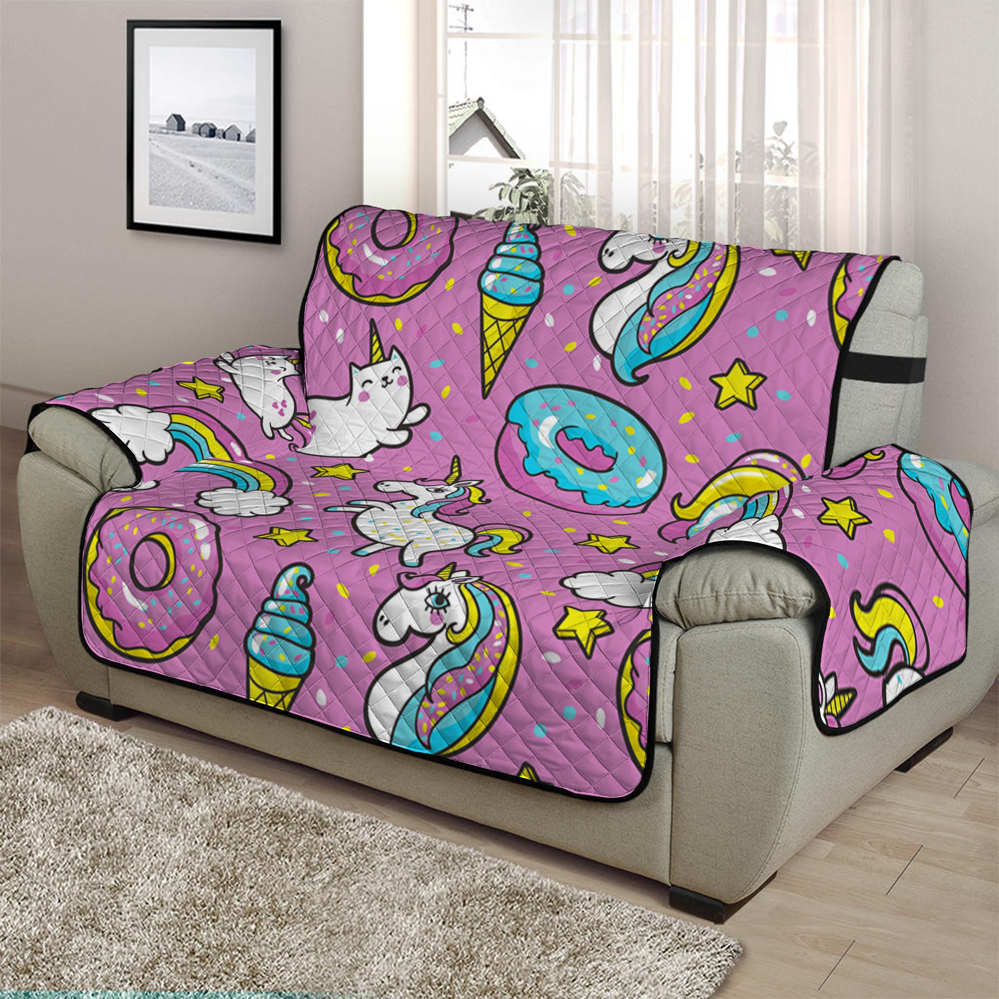 Pink Girly Unicorn Donut Pattern Print Half Sofa Protector