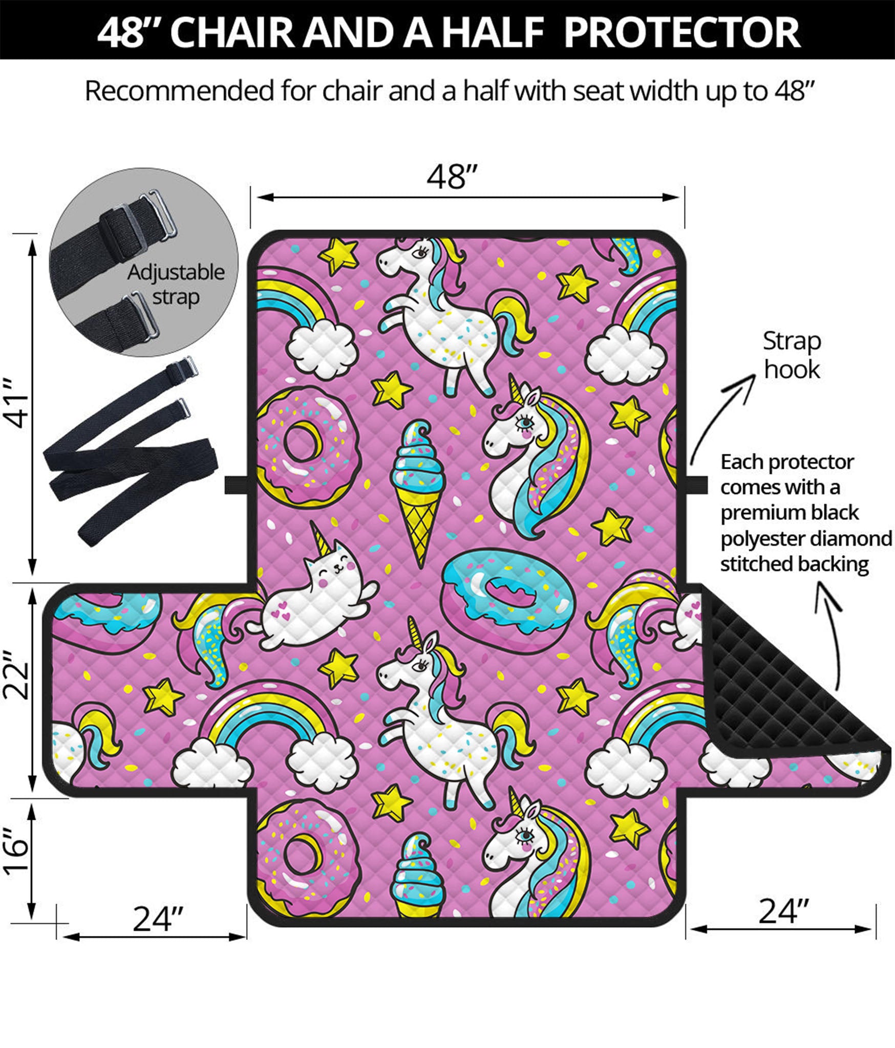 Pink Girly Unicorn Donut Pattern Print Half Sofa Protector