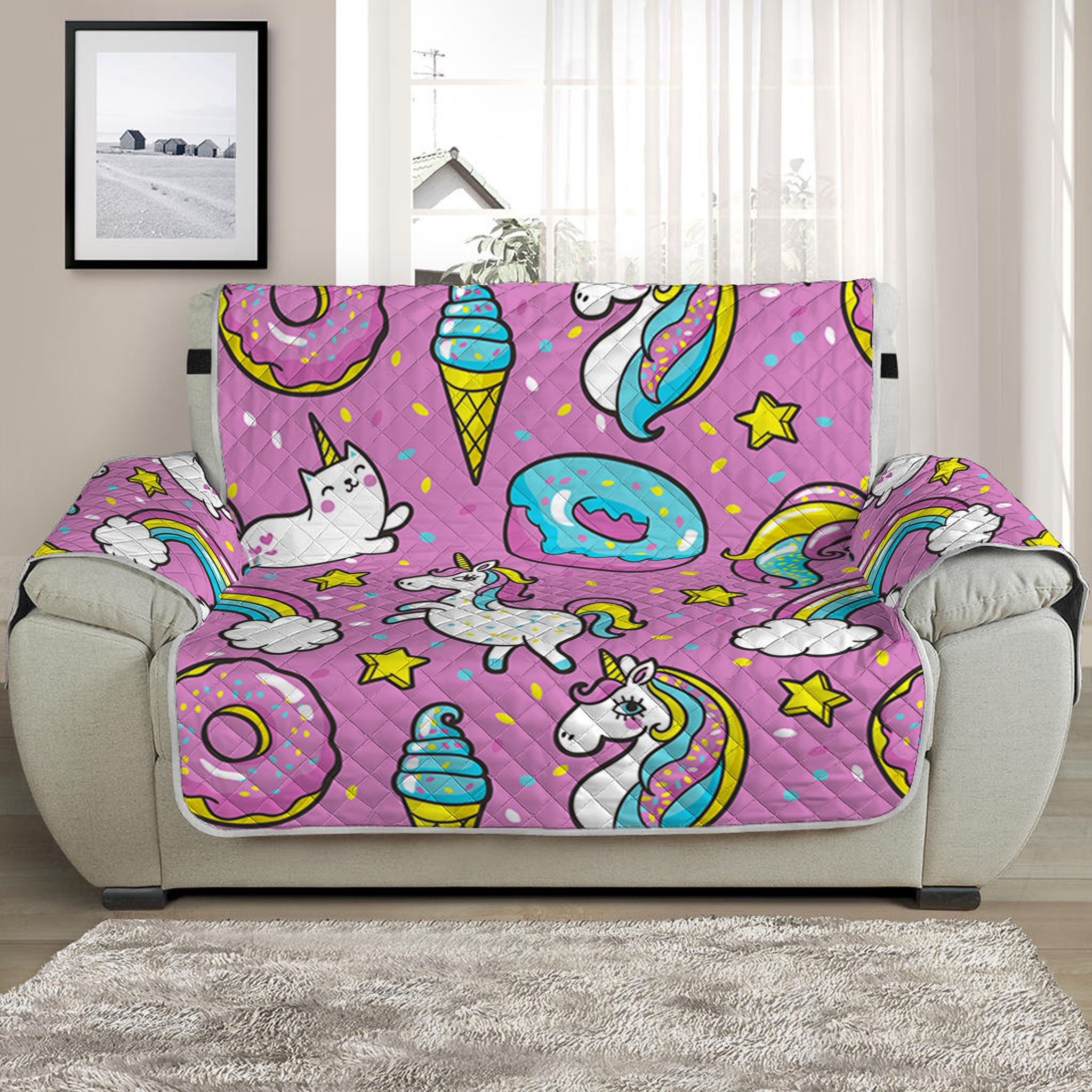 Pink Girly Unicorn Donut Pattern Print Half Sofa Protector