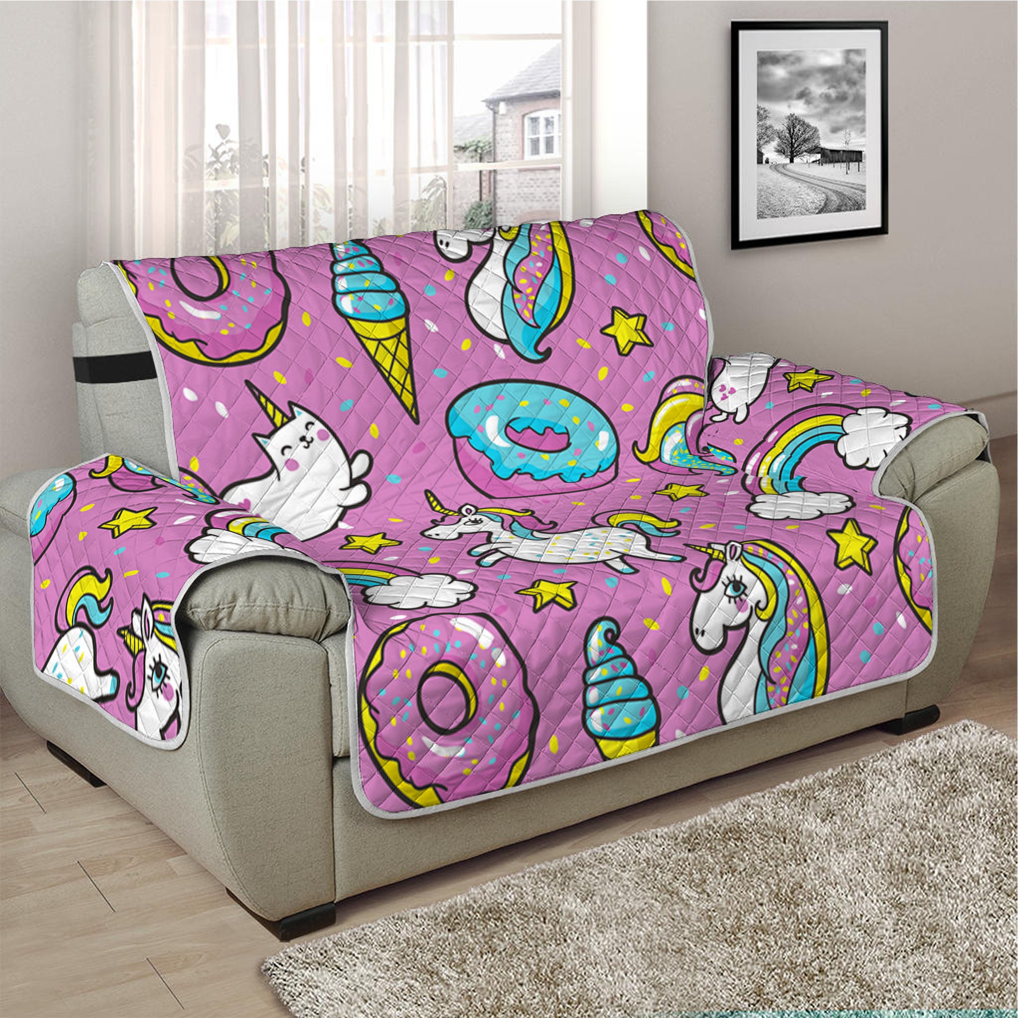 Pink Girly Unicorn Donut Pattern Print Half Sofa Protector