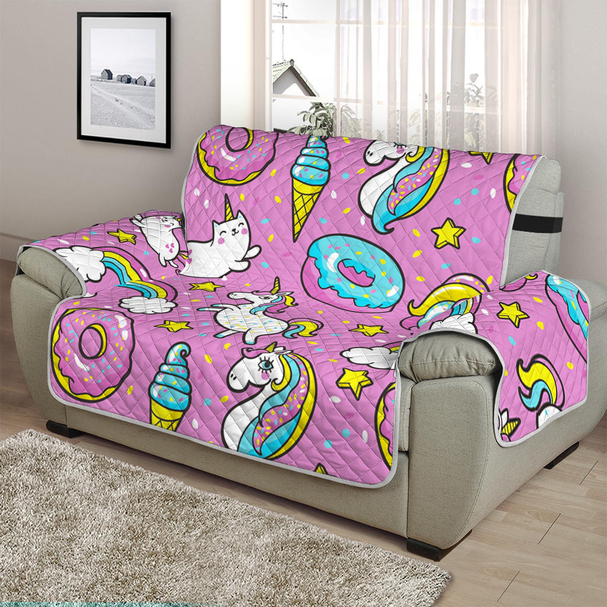 Pink Girly Unicorn Donut Pattern Print Half Sofa Protector