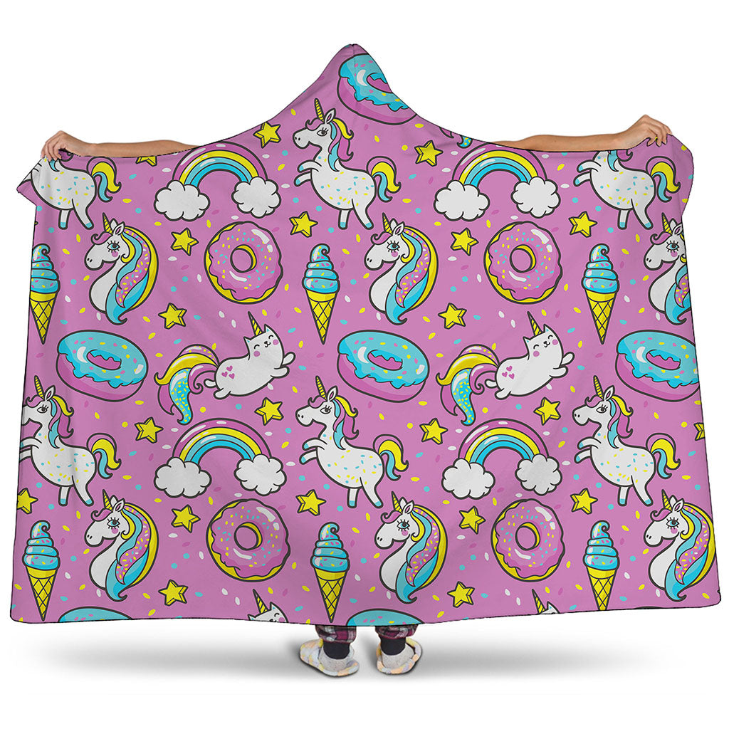 Pink Girly Unicorn Donut Pattern Print Hooded Blanket