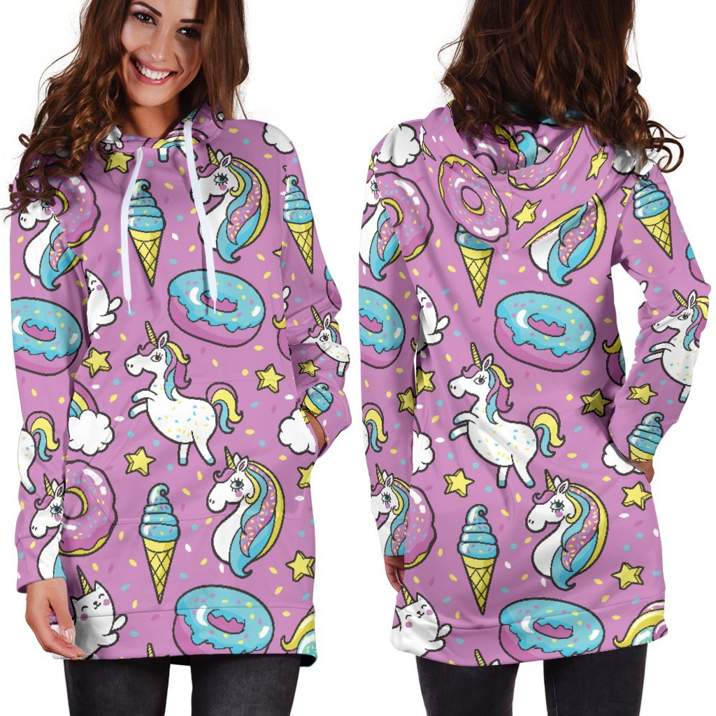 Pink Girly Unicorn Donut Pattern Print Hoodie Dress GearFrost