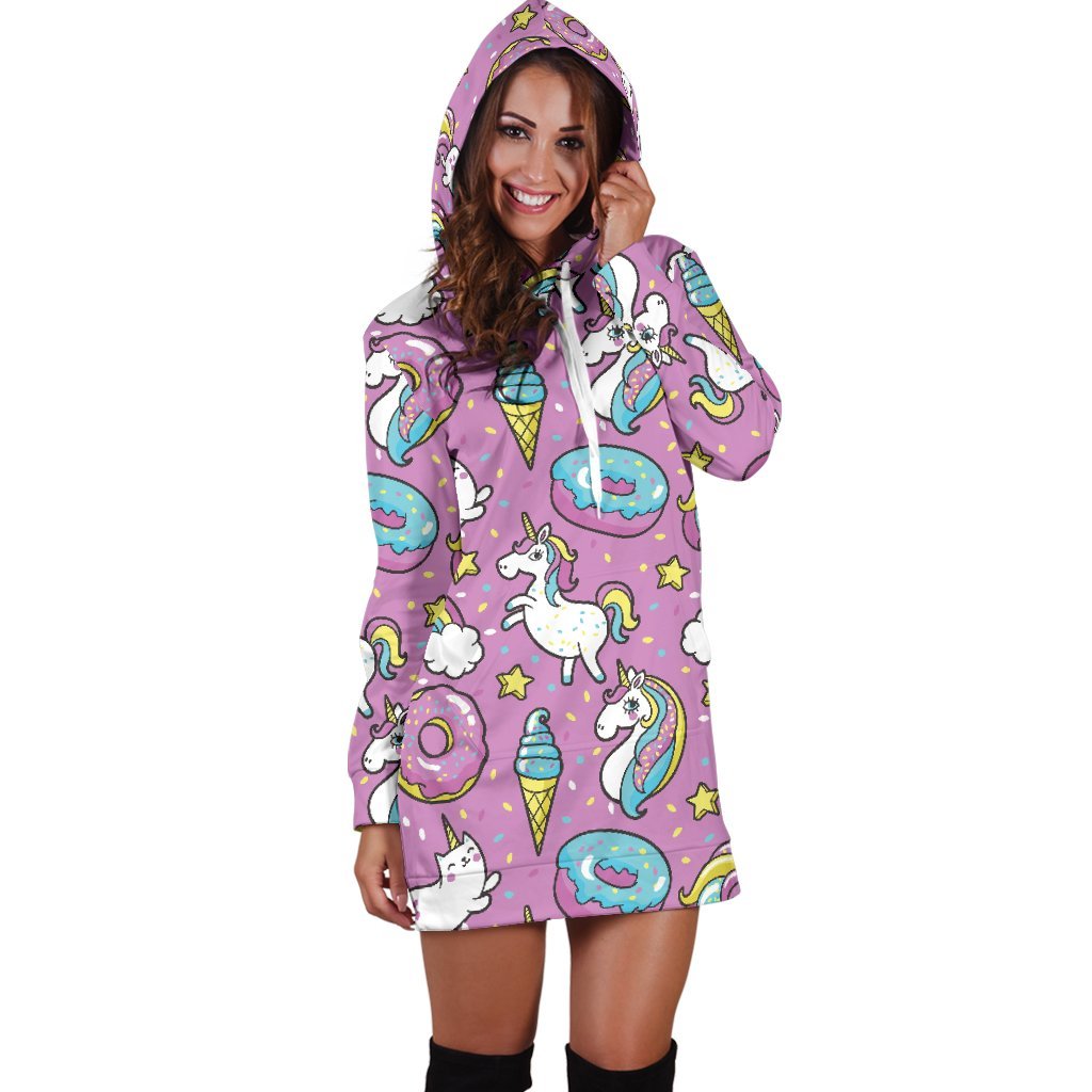 Pink Girly Unicorn Donut Pattern Print Hoodie Dress GearFrost