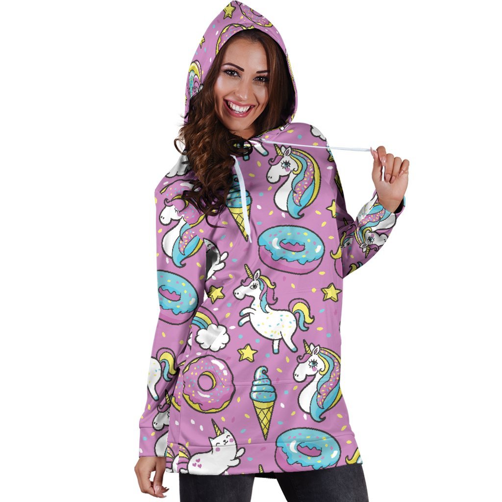 Pink Girly Unicorn Donut Pattern Print Hoodie Dress GearFrost