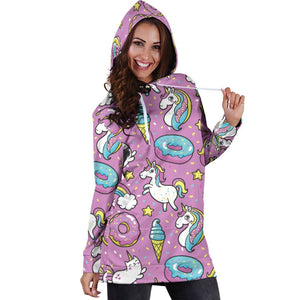 Pink Girly Unicorn Donut Pattern Print Hoodie Dress GearFrost