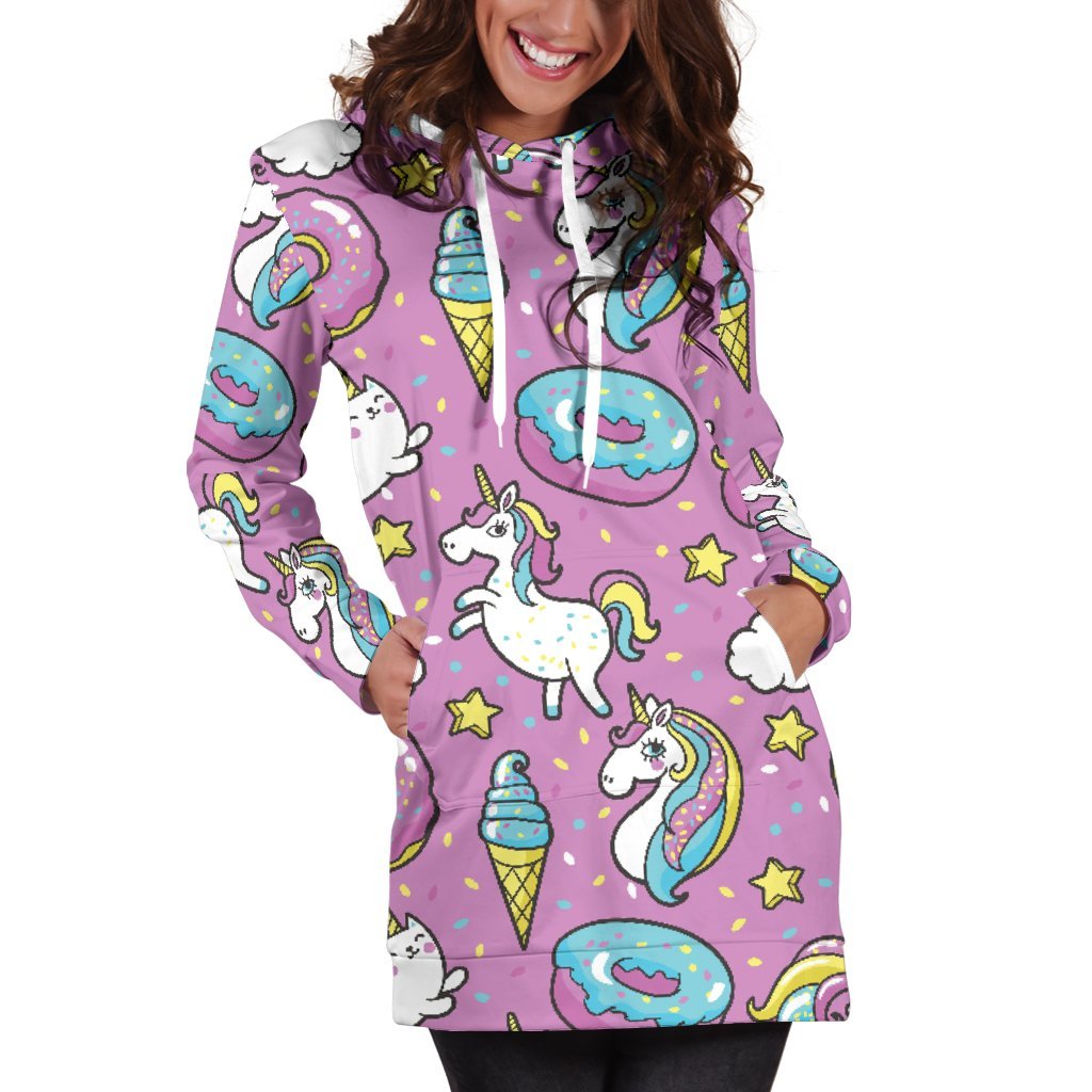 Pink Girly Unicorn Donut Pattern Print Hoodie Dress GearFrost