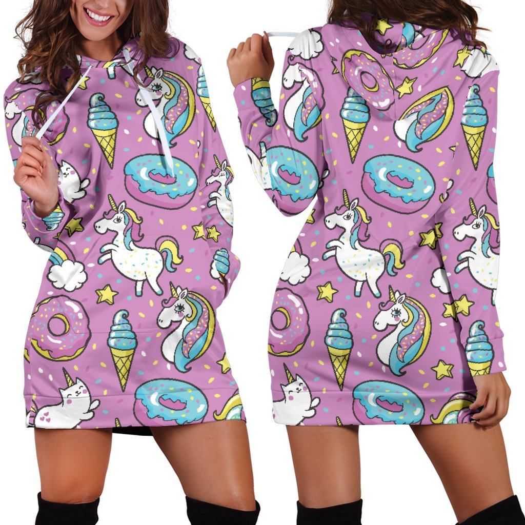 Pink Girly Unicorn Donut Pattern Print Hoodie Dress GearFrost