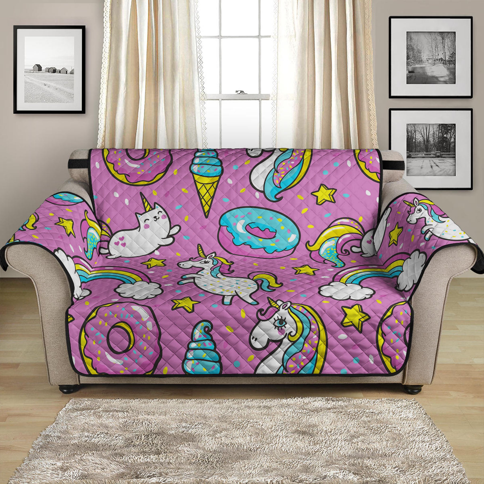 Pink Girly Unicorn Donut Pattern Print Loveseat Protector