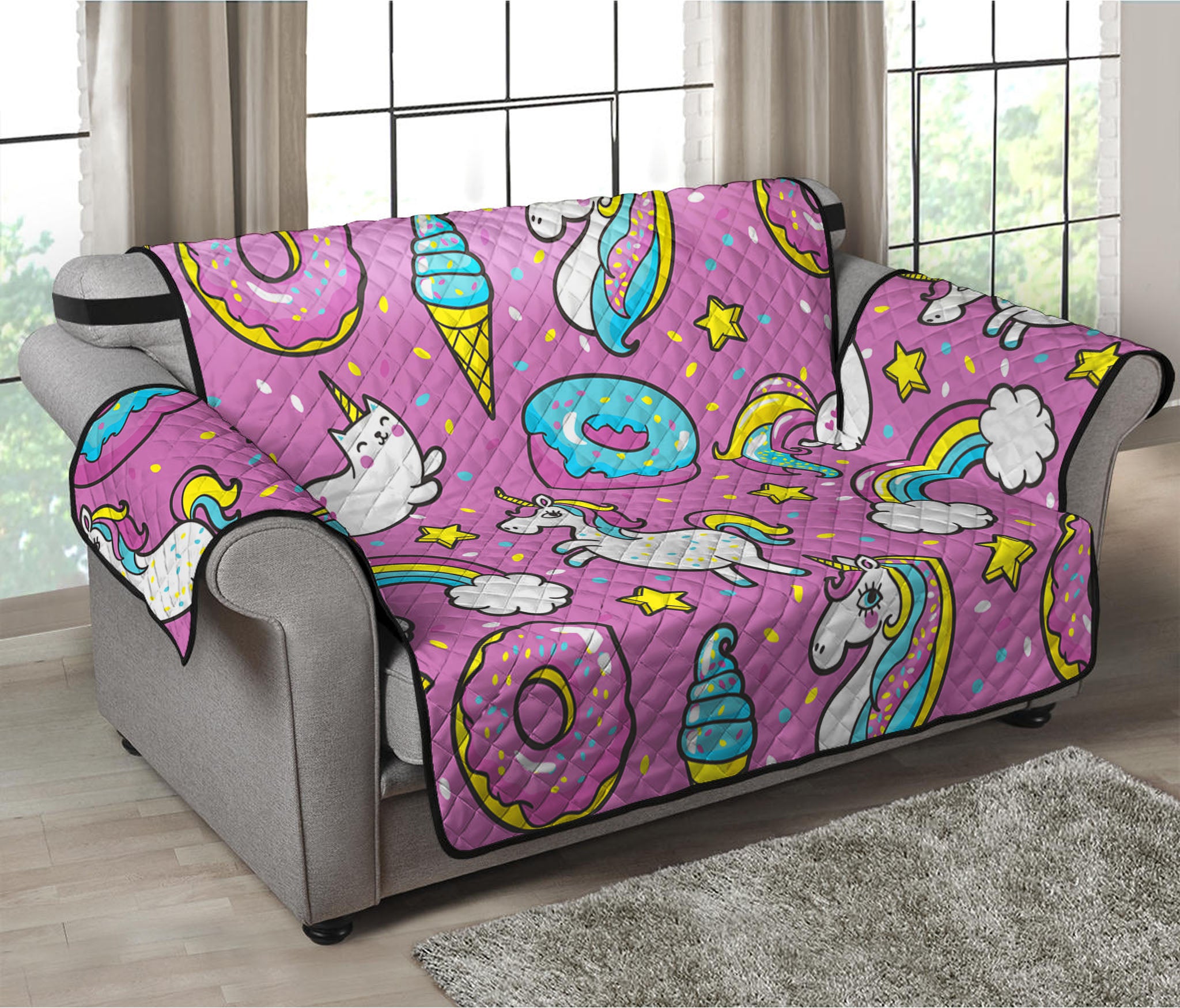 Pink Girly Unicorn Donut Pattern Print Loveseat Protector