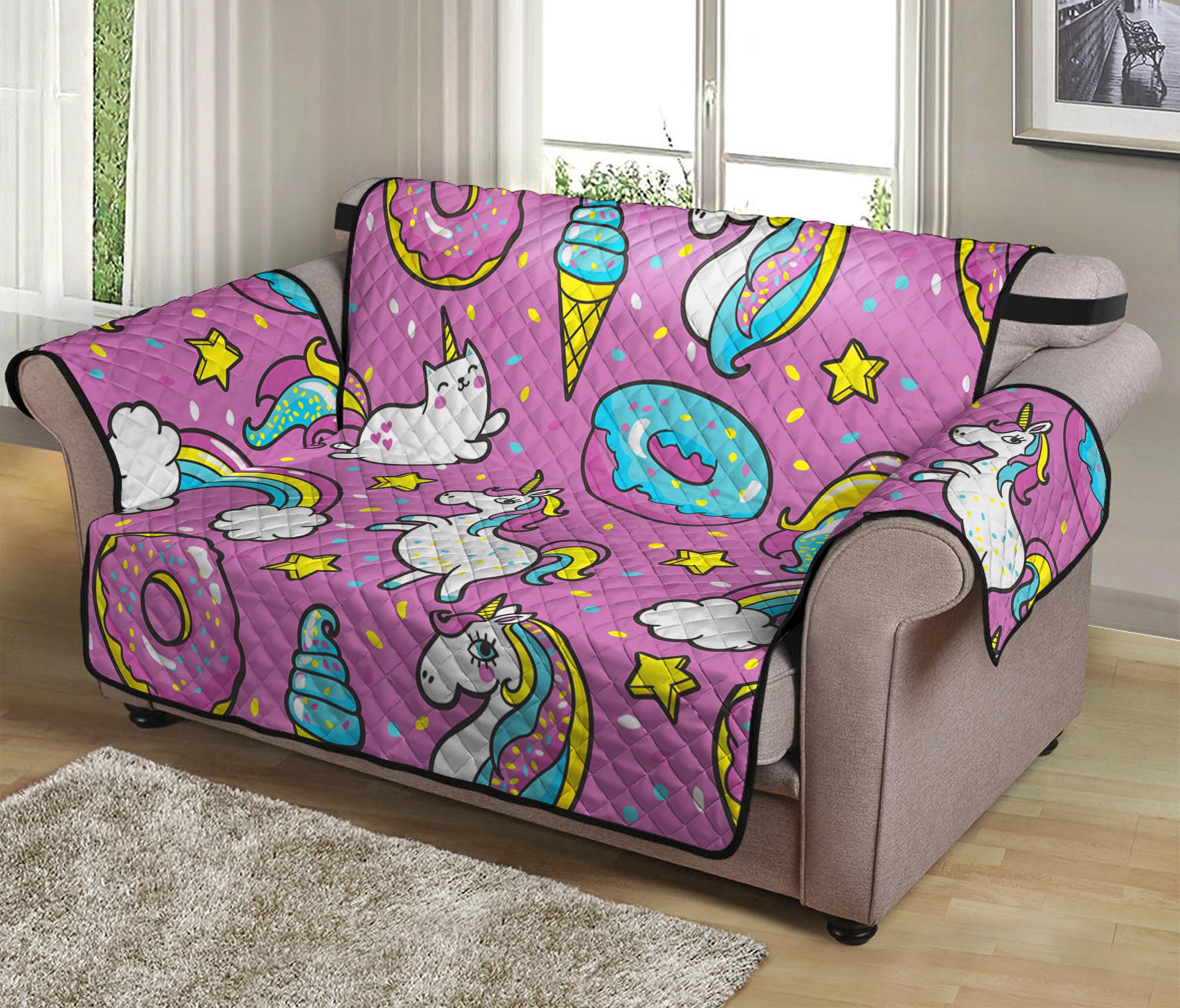 Pink Girly Unicorn Donut Pattern Print Loveseat Protector