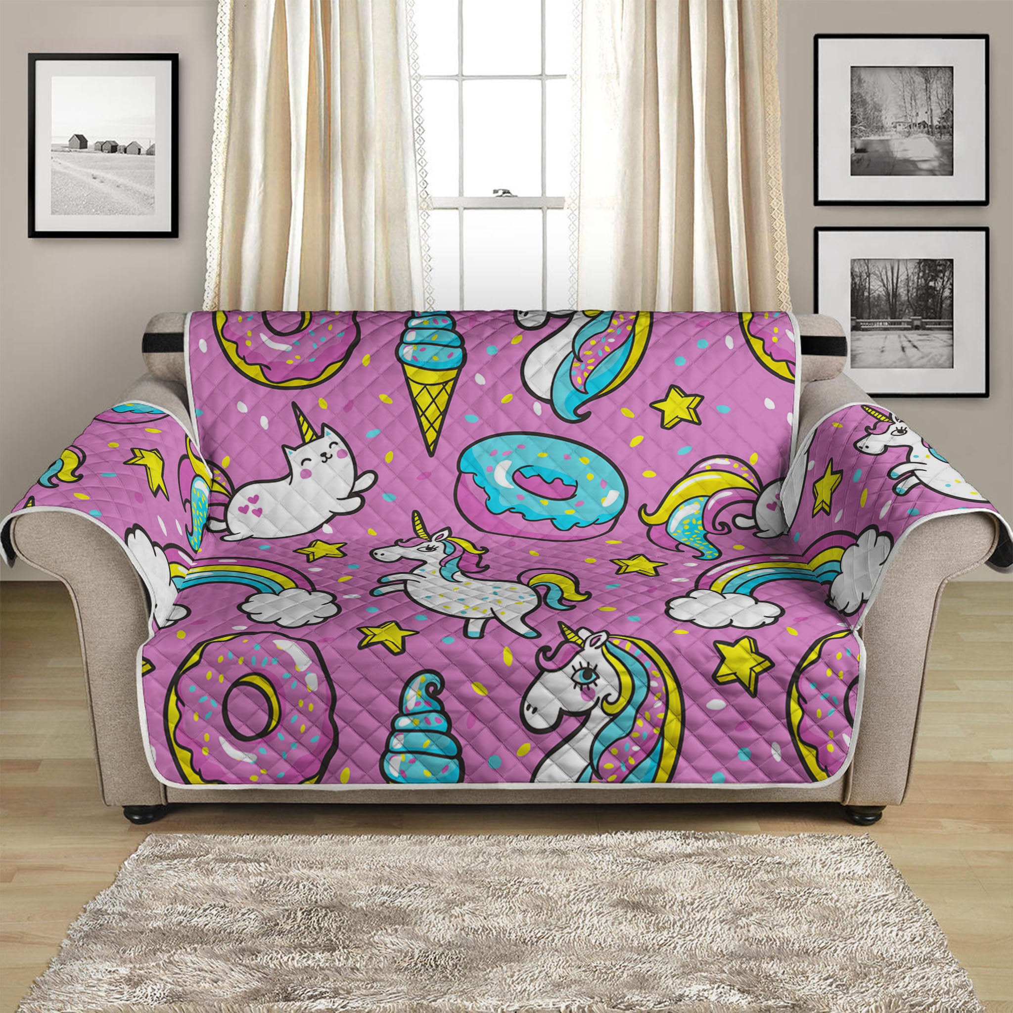 Pink Girly Unicorn Donut Pattern Print Loveseat Protector