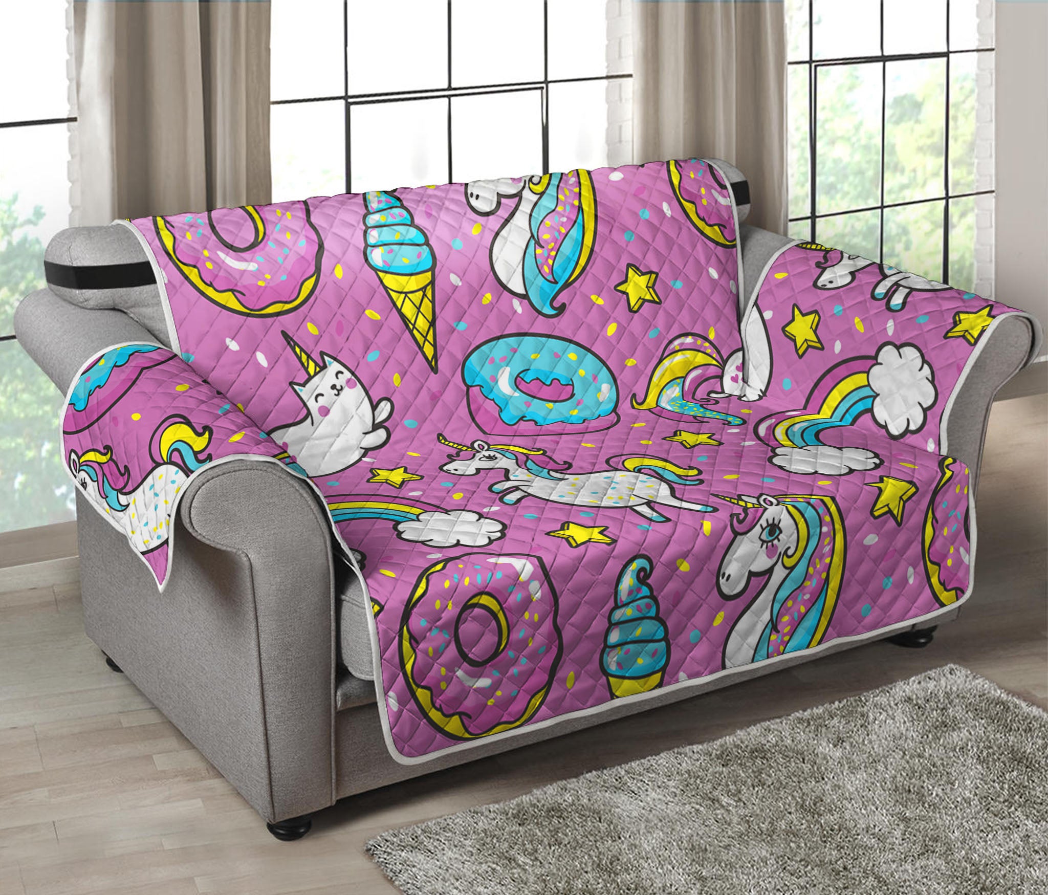 Pink Girly Unicorn Donut Pattern Print Loveseat Protector