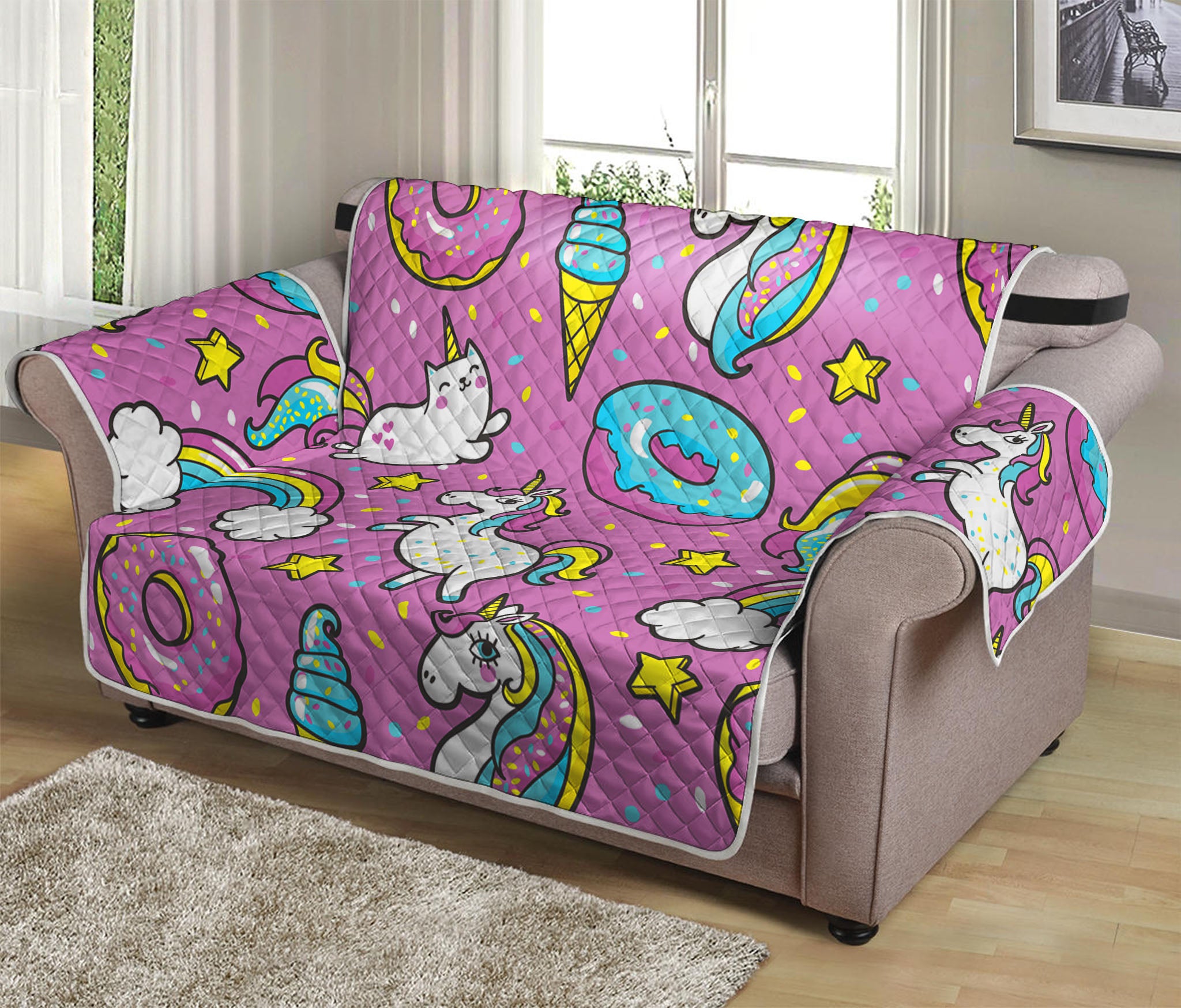 Pink Girly Unicorn Donut Pattern Print Loveseat Protector