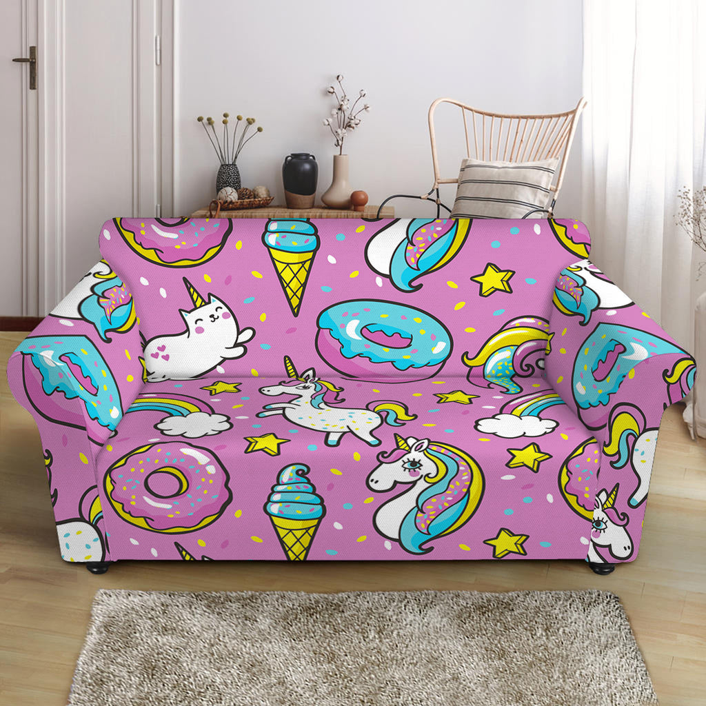 Pink Girly Unicorn Donut Pattern Print Loveseat Slipcover