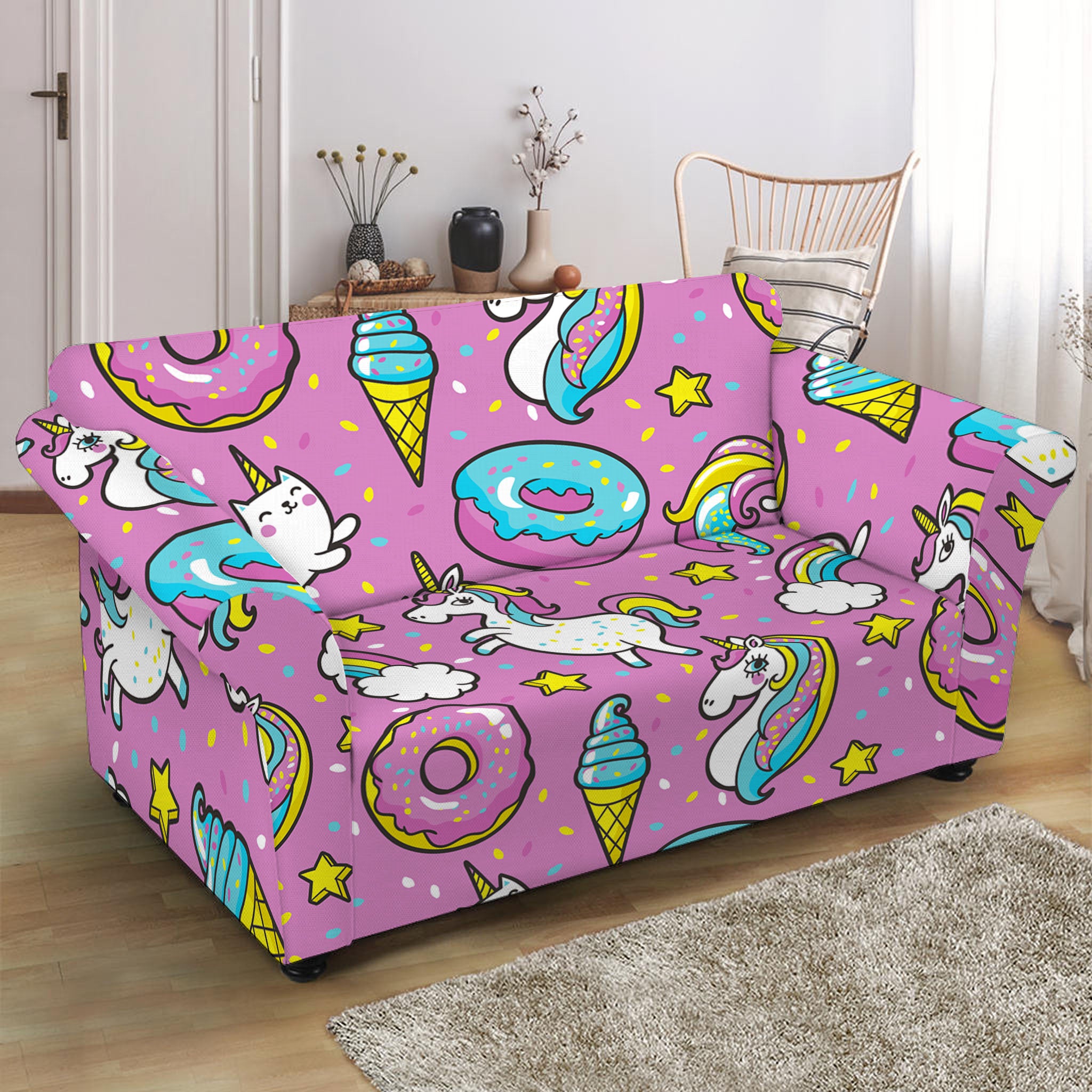 Pink Girly Unicorn Donut Pattern Print Loveseat Slipcover