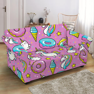 Pink Girly Unicorn Donut Pattern Print Loveseat Slipcover