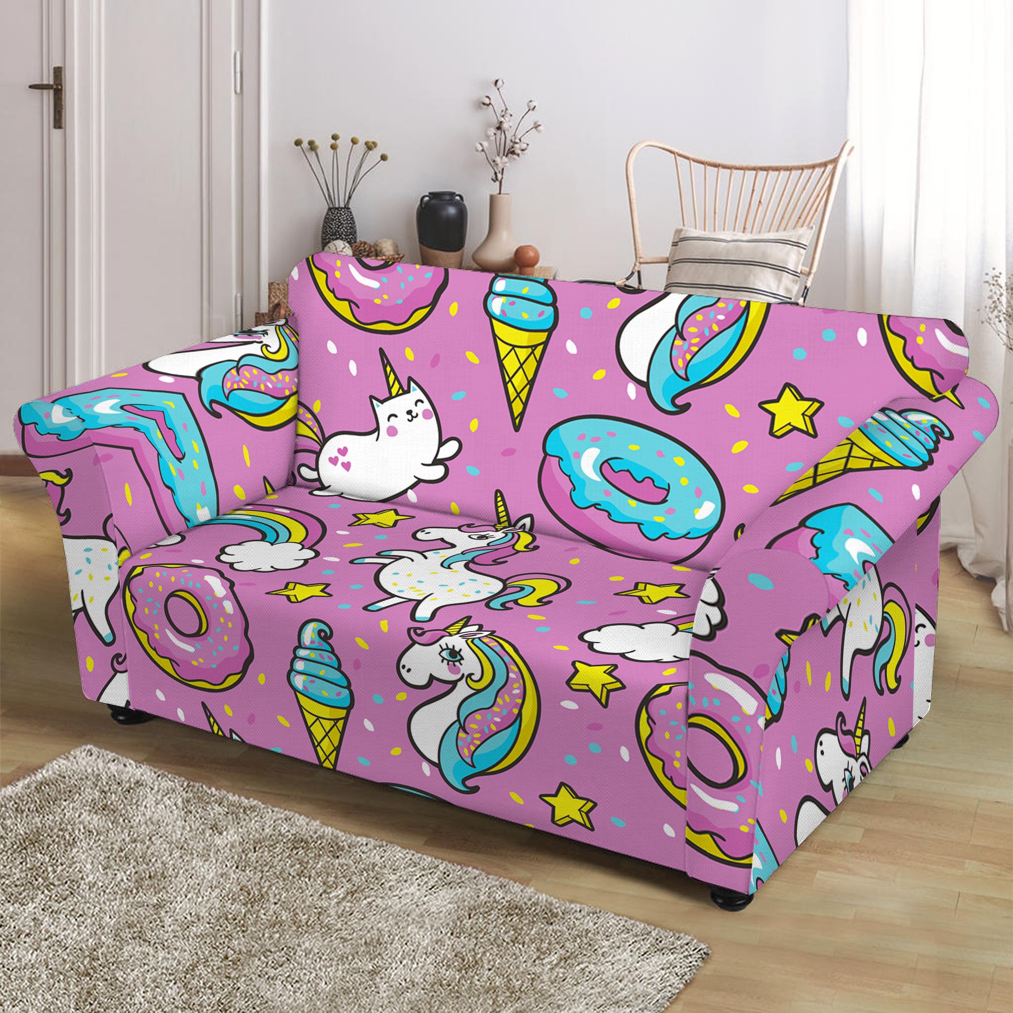 Pink Girly Unicorn Donut Pattern Print Loveseat Slipcover