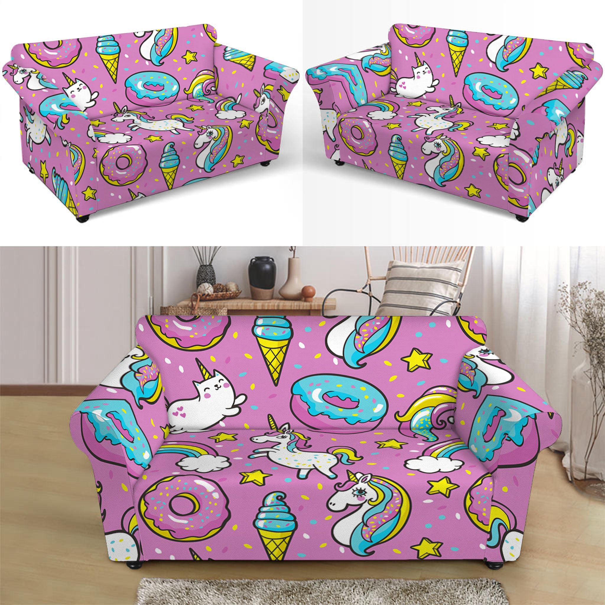 Pink Girly Unicorn Donut Pattern Print Loveseat Slipcover