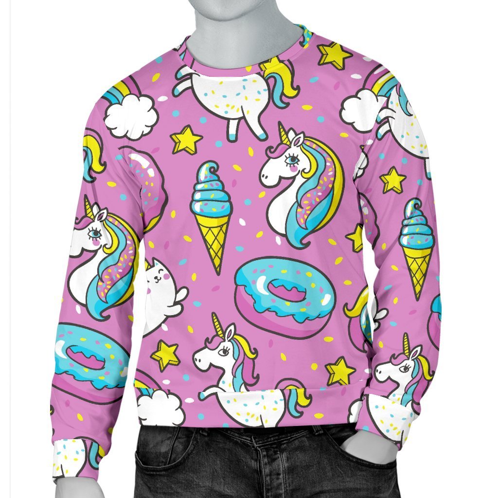 Pink Girly Unicorn Donut Pattern Print Men's Crewneck Sweatshirt GearFrost