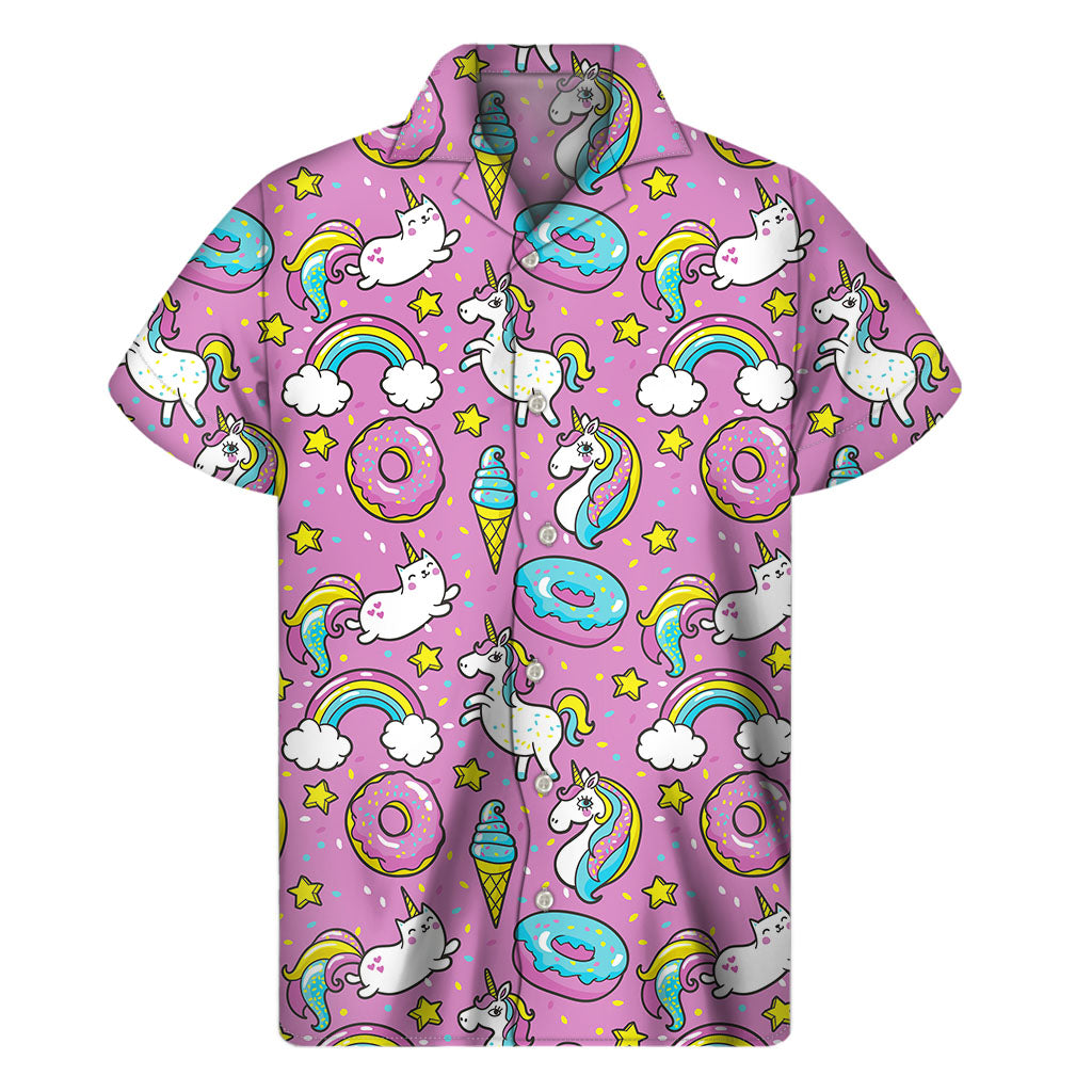 Pink Girly Unicorn Donut Pattern Print Men's Short Sleeve Shirt