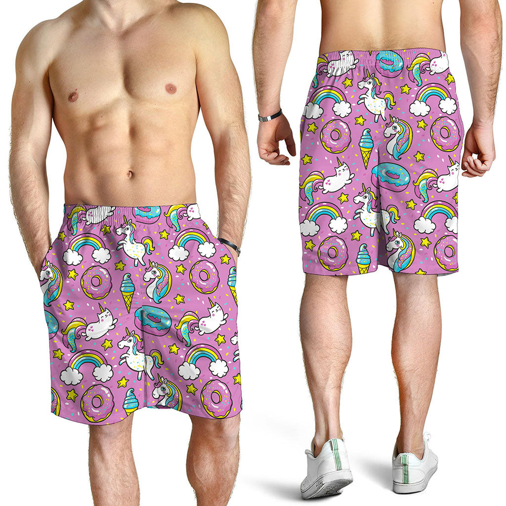 Pink Girly Unicorn Donut Pattern Print Men's Shorts