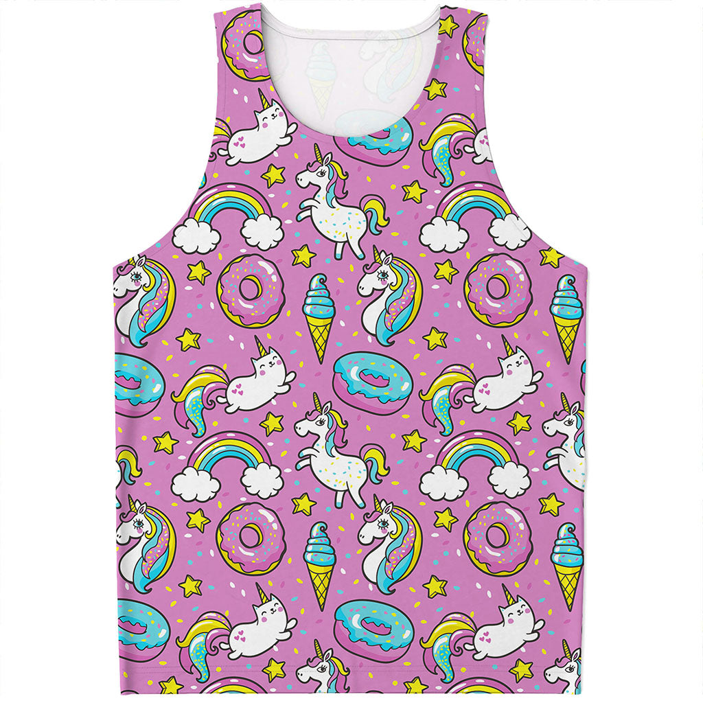 Pink Girly Unicorn Donut Pattern Print Men's Tank Top