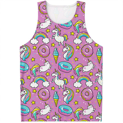 Pink Girly Unicorn Donut Pattern Print Men's Tank Top