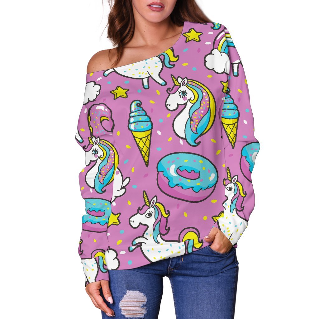 Pink Girly Unicorn Donut Pattern Print Off Shoulder Sweatshirt GearFrost