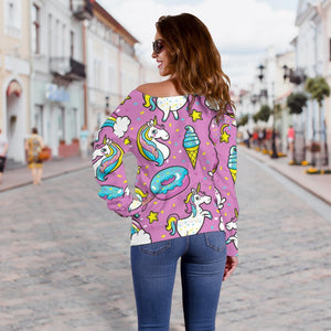 Pink Girly Unicorn Donut Pattern Print Off Shoulder Sweatshirt GearFrost