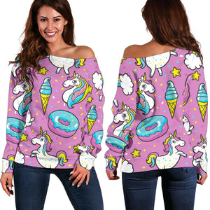 Pink Girly Unicorn Donut Pattern Print Off Shoulder Sweatshirt GearFrost