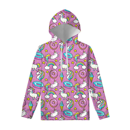 Pink Girly Unicorn Donut Pattern Print Pullover Hoodie