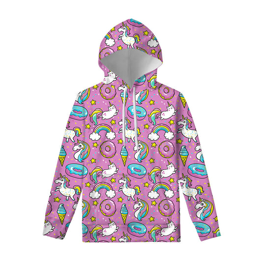 Pink Girly Unicorn Donut Pattern Print Pullover Hoodie